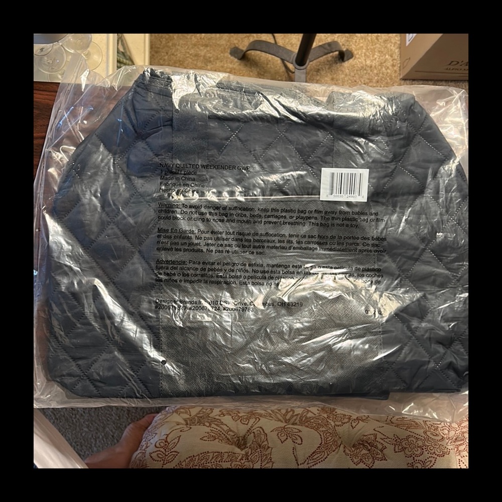 New! DSW Exclusive Quilted Fabric Navy Zip Top Weekender Bag